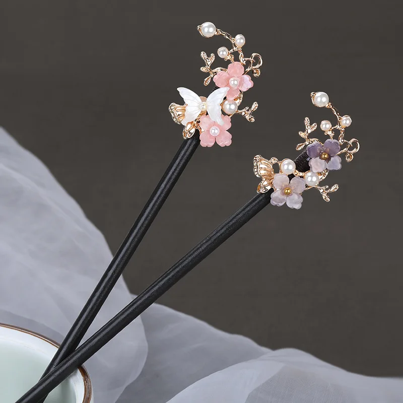 

Vintage Butterfly Pearl Hair Sticks Flower Wooden Hairpin Ancient Style Hair Forks Simple Hair Clip Headwear Women Jewelry New