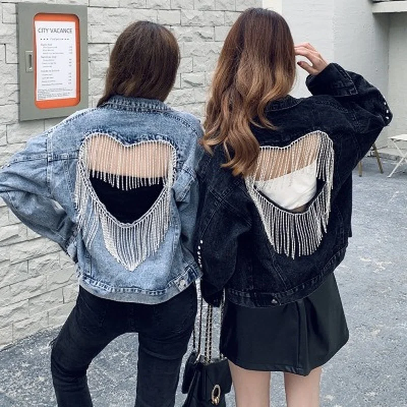 

Женская джинсовая куртка с бахромой, свободная однотонная уличная хипстерская куртка с бахромой, весна-осень 2022