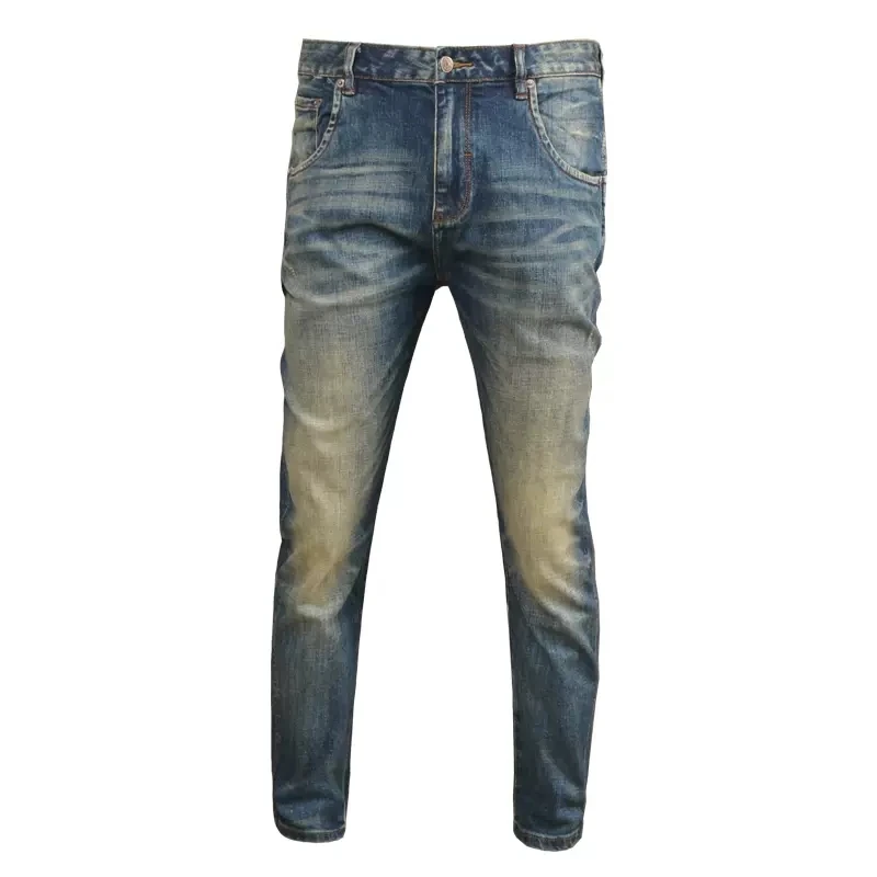 Autumn Men Retro Blue Jeans Streetwear Slim Fit Straight Pants Korean Style Vintage Scratched Denim Trousers CP2031