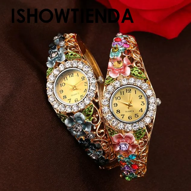 

Women Watches Gold Plated Crystal Flower Bangle Bracelet Ladies Watch Luxury Brand Quartz Wristwatch Bayan Kol Saati Reloj Mujer