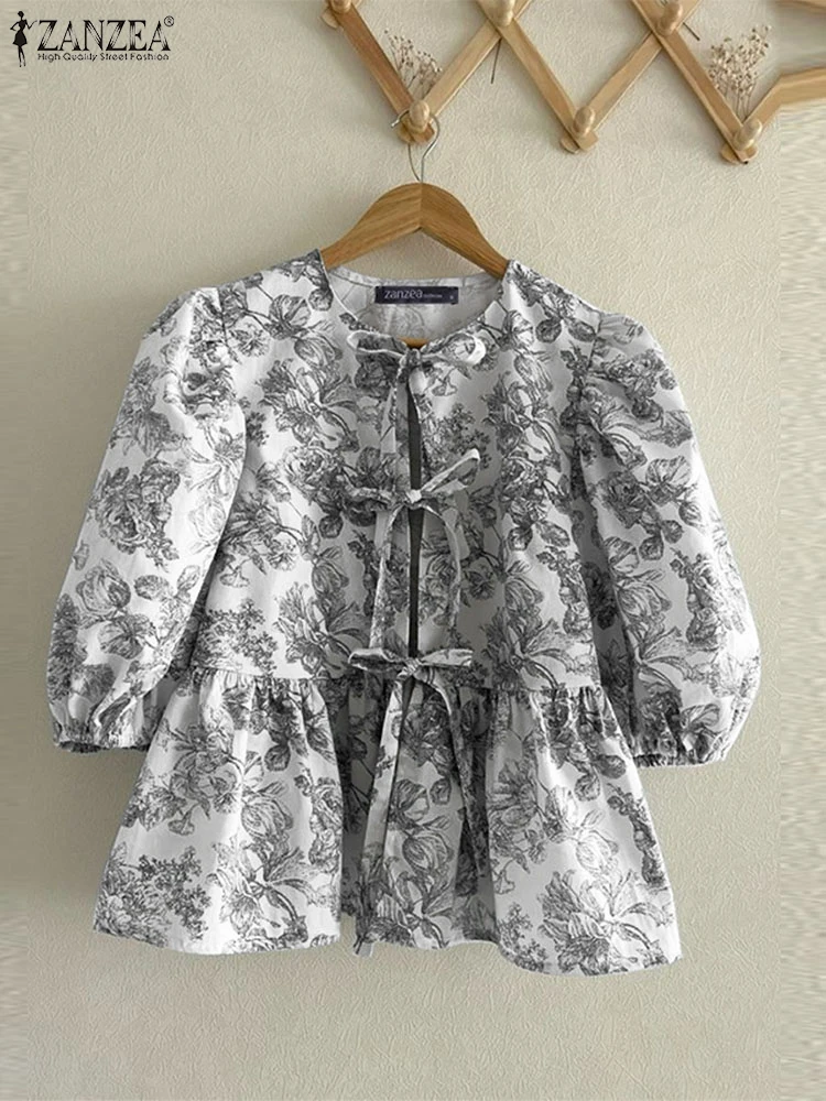 ZANZEA женские пышные блузки с короткими рукавами повседневные свободные круглым