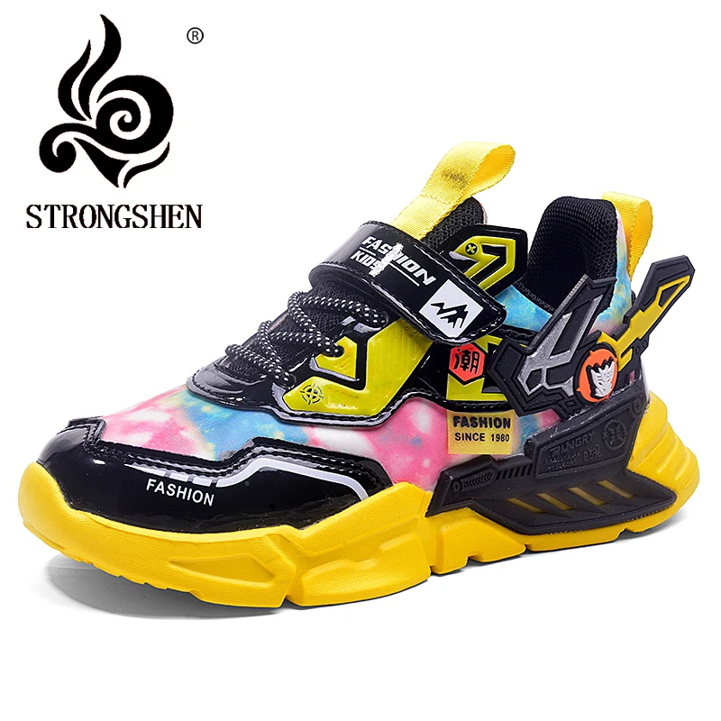 

Children's Shoes STRONGSHEN Casual Sneakers Running Mech Style Leather Upper Non-Slip Shock-Absorbing Sole Fashion Boys Sneakers
