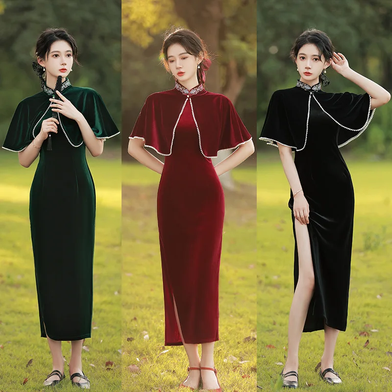 

Chinese Modern Traditional Velvet Fringed Pearl Shawl Cheongsam Suit Long Dress Elegant Red Women Qipao Party Autumn Midi Dress