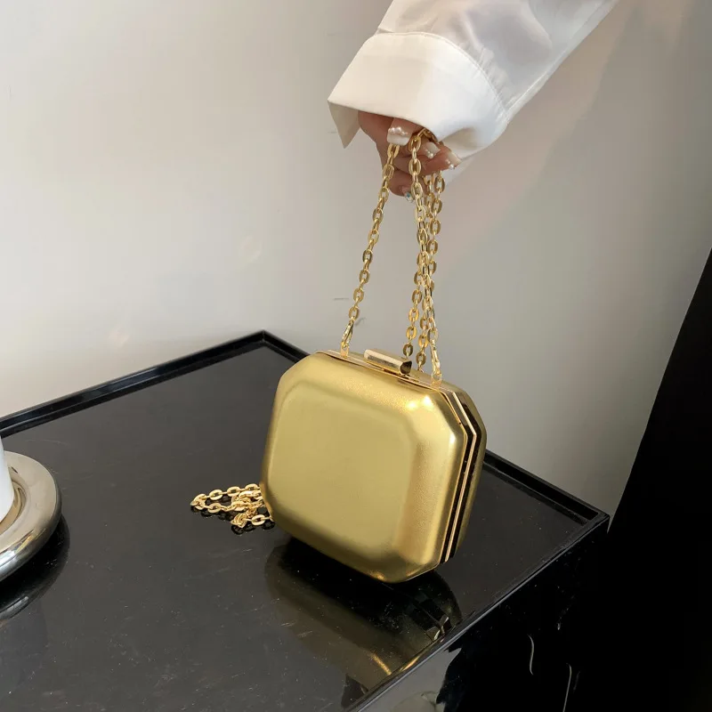 

2023 Trend Designer Clutch Bag Gold Silver Pu Leather Box Design Party Evening Chain Shoulder Crossbody Bags Mini Lipstick Purse