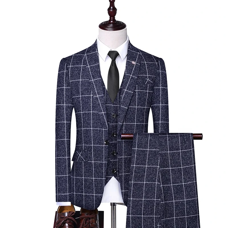 

Men Fashion 3 Pieces Suit Spring Autumn Plaid Slim Fit Business Formal Casual Check Suits Office Work Party Prom Wedding Groom