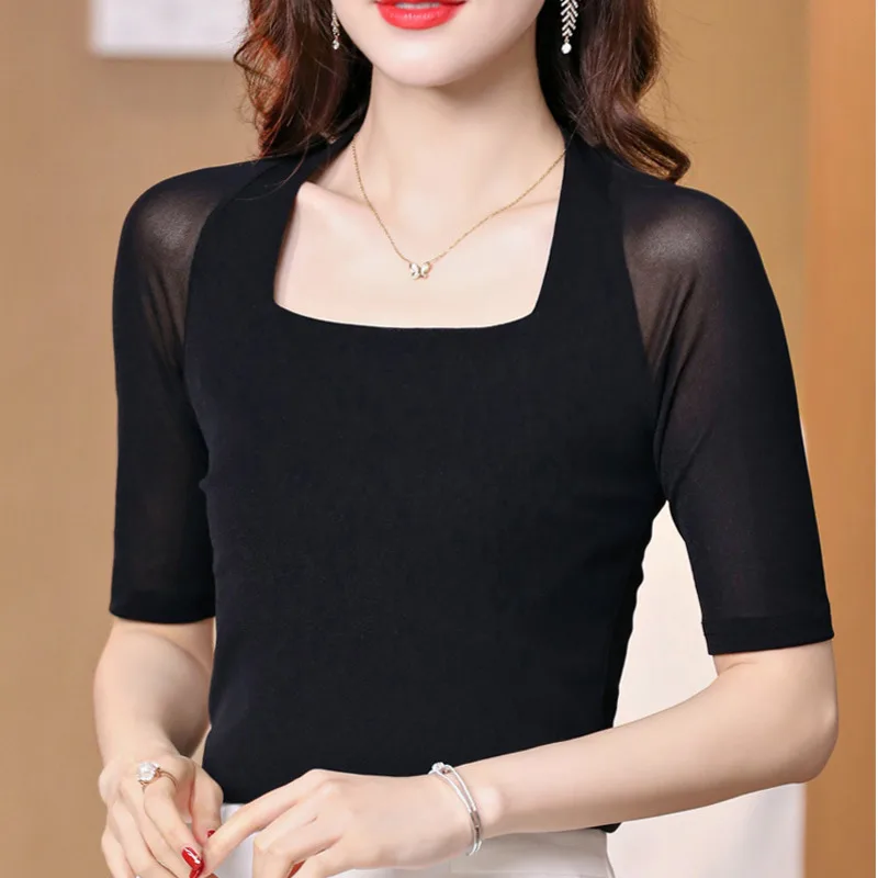 

#1601 Mesh T Shirt Women Square Collar Sexy Skinny T-Shirt Half Sleeve Solid Color Office Lady Sexy Basic T Shirt Femme Elegant