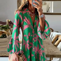 womens 2022 autumn new elegant style beach skirt v neck print fashion commuter shirt dress casual large comfortable clothing