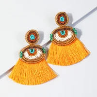 boho yellow ethnic style long tassel earrings eye design rice beads pendant earrings wearing gifts