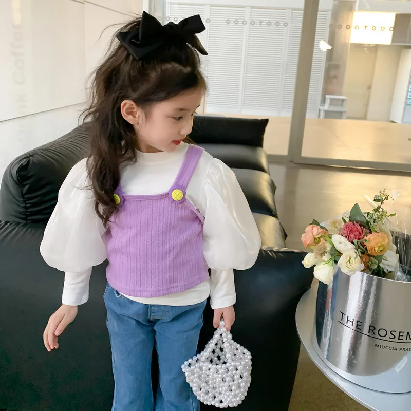 

Демисезонная Одежда для девочек из двух предметов, Длинные пуховики, розовые, фиолетовые жилеты, Рубашки, Топы, синие брюки-клеш с украшением из жемчуга