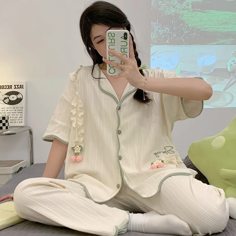 Pajamas  for Women's Summer 2023 New Style Pure Cotton Three-piece Suit Short-sleeved High-end Simple Comfortable Home Service