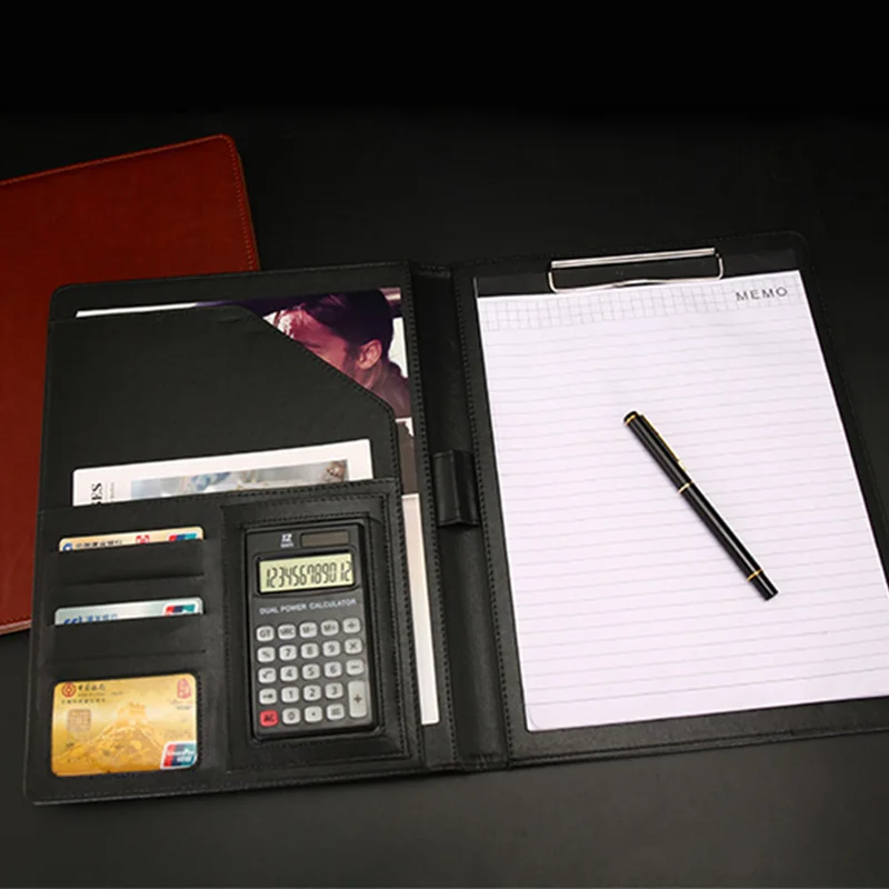Free Customized Name Luxury Leather File A4 Multifunctional Folder Business Work Sales Manager Clip Students Notebook Card Case