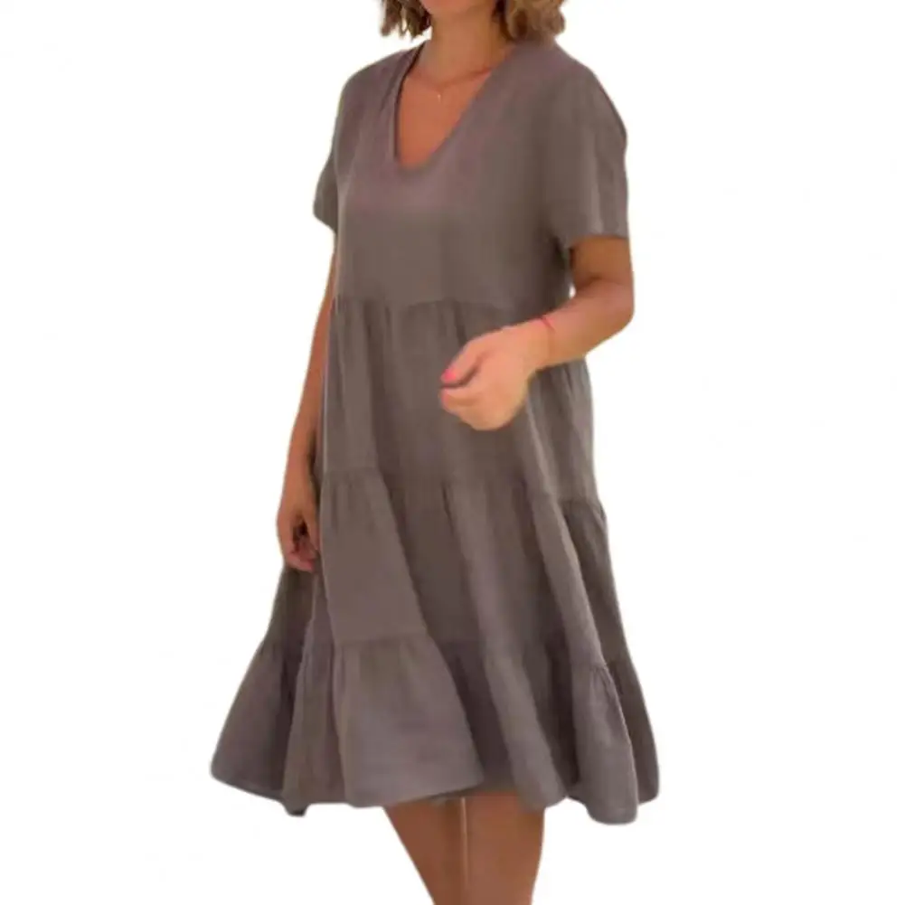 

Summer Women Dress 2023 V-Neck Ruffled Hem Solid Color Loose-fitting Cotton Linen Loose Beach Dress Women Clothing vestidos