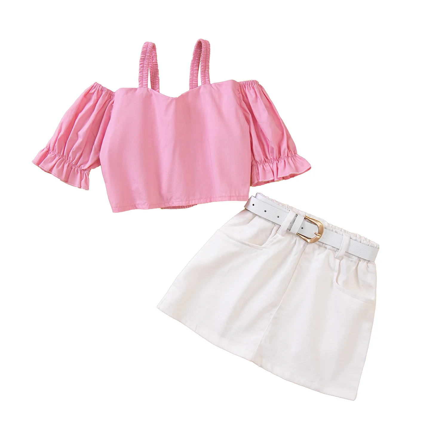

2Piece Girls Summer Clothes Fashion Puff Sleeves Cotton Pink Baby T-shirt Two Piece Skirt Set Boutique Kids Clothing BC2194-1