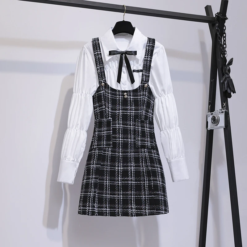

New Plaid Dress Two Piece Set Spring New Women's Outfits Fashion Bow White Shirt + Small Fragrance Slim Strap Dress Suits