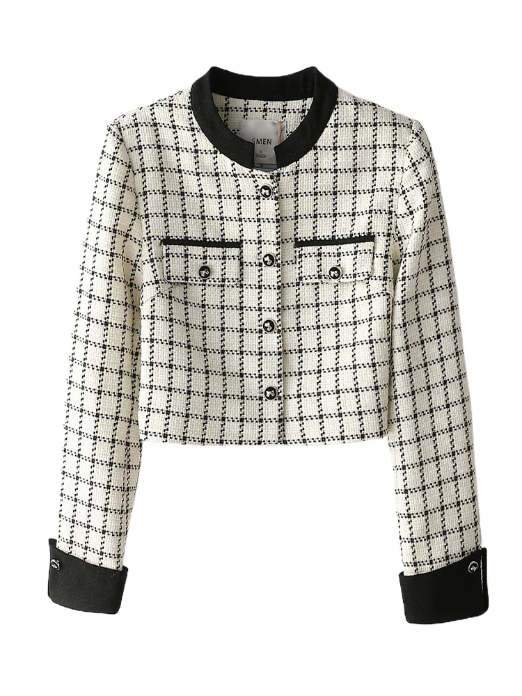 [Same Sle with Mall] Smen Shimeng Ретро клетчатое элегантное изящное короткое пальто с круглым