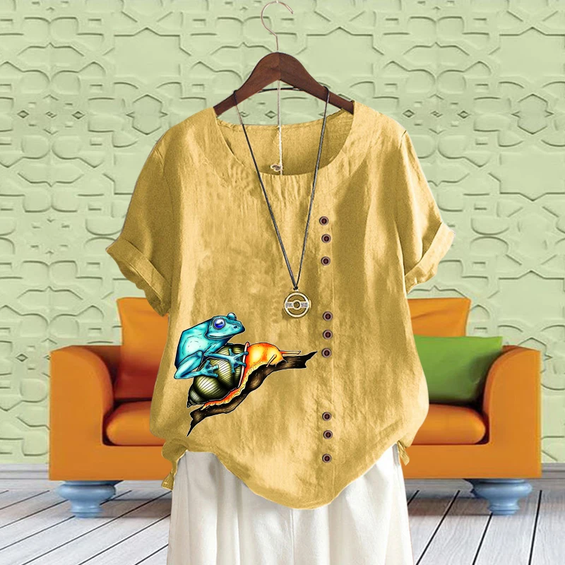 

2022 New Summer Ladies Cotton Linen Tops Cartoon Snails Printed Loose T-Shirt Summer Round Neck Solid Short Sleeve Blouse XS-5XL