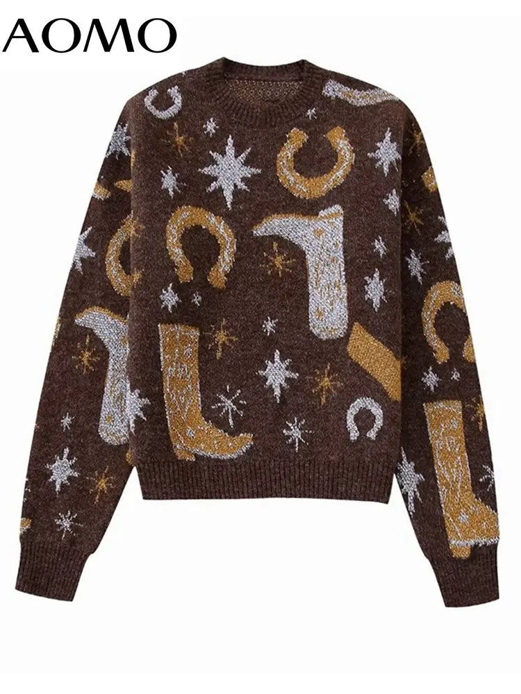 

AOMO Women New Year Jacquard Knit Sweater Vintage O Neck Long Sleeve Female Pullovers BE644A