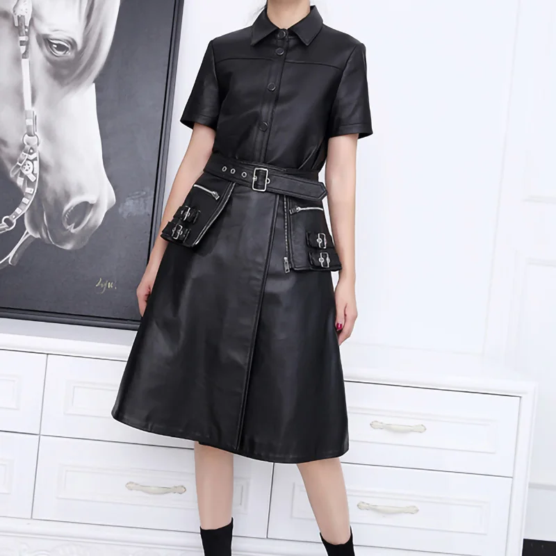 2022 Leather Vest Jacket Lady Short Sleeve Real Sheepskin Shirt Blazer Belt Single-Breasted Motorcycle Jacket Solid Gilet TF3917