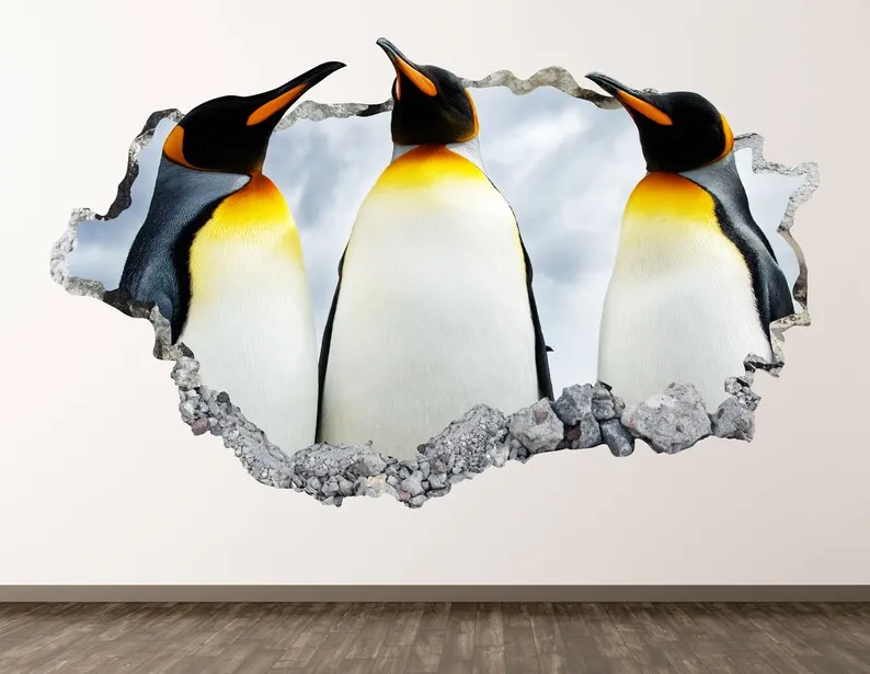 

Penguin Wall Decal - Winter Animal 3D Smashed Wall Art Sticker Kids Room Decor Vinyl Home Poster Personalized Gift KD465
