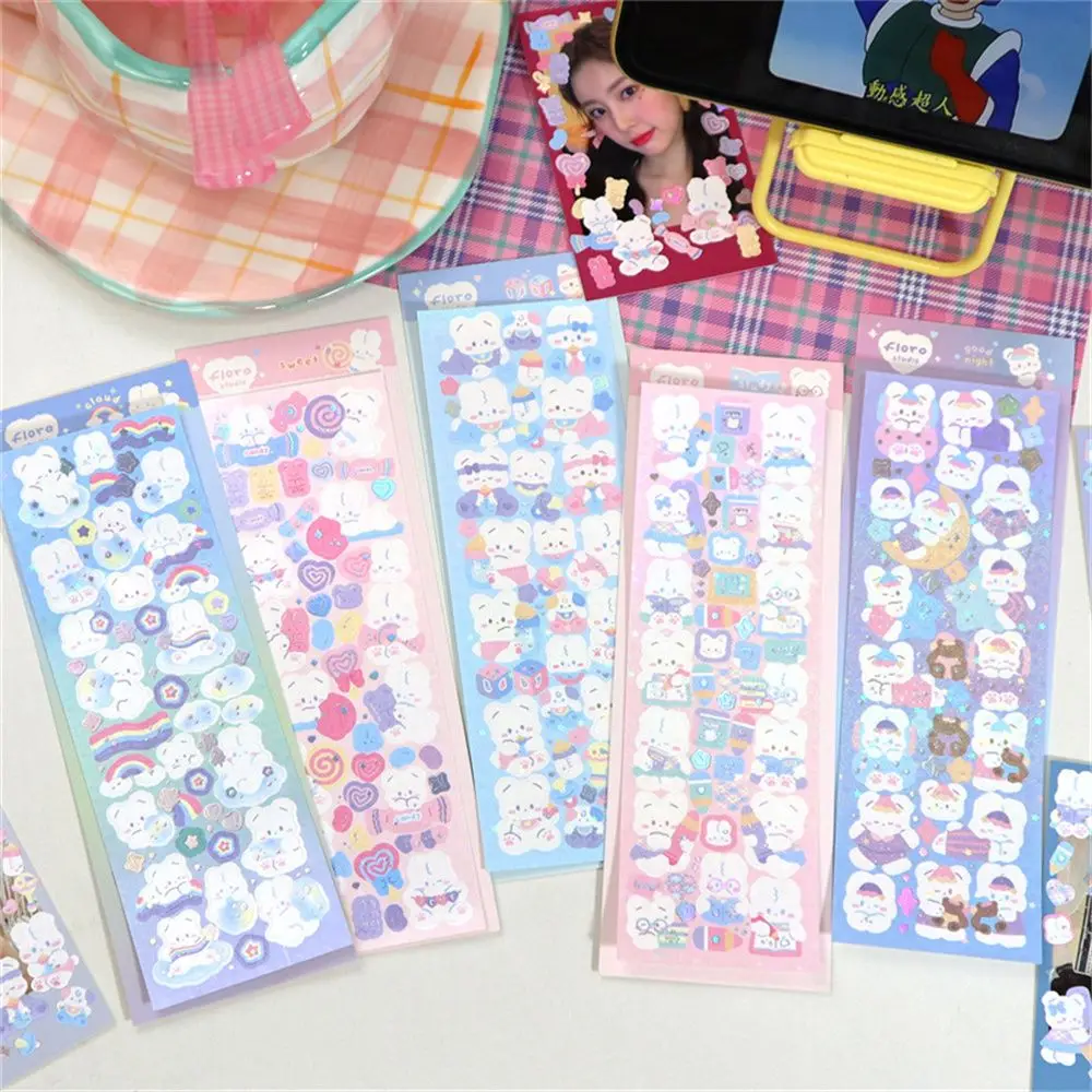

Album Korean Stationery Diary Label Rabbit Bear Decor Stickers DIY Idol Cards Laser Sticker Scrapbooking Decorative