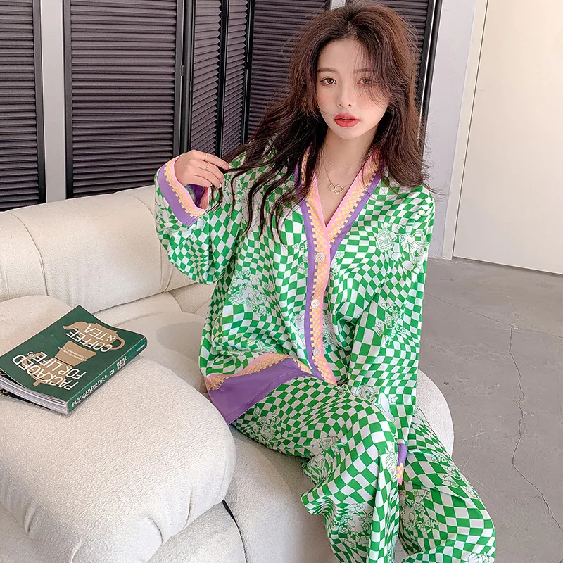 2022 New Women's Pajamas Set Splicing Plaid Design Summer Ice Silk Homewear Silk Like Sleepwear Casual Nightie V Neck Nightwear
