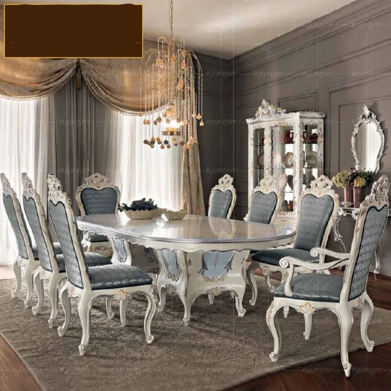 

French Palace Solid Wood Dining Table And Chair Combination European Painted Dining Table Oval Dining Table Villa Furniture Set