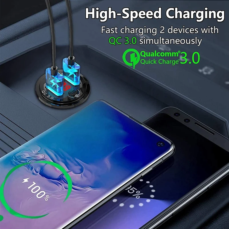 

Автомобильное зарядное устройство с 2 USB-портами для быстрой зарядки 3,0, 12 В, алюминиевая розетка с кнопкой переключения и красным цифровым в...