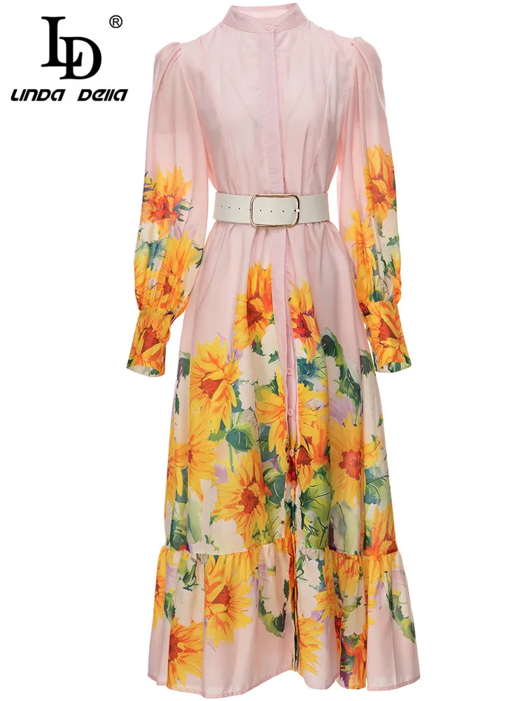 

LD LINDA DELLA New 2023 Fashion Designer Spring Dress Women Lantern sleeve Single-breasted Sashes Flower Print Pink Midi Dress