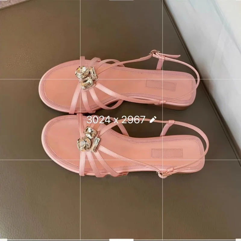

Princess Pink Silk Rhinestone Sandals Flat Open Toe Roman Shoes Handmade High-End Women's Shoes Sweet Dating Holiday Beach Shoes