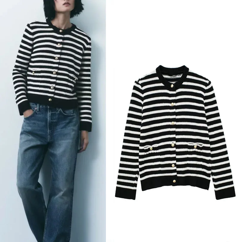 

TRAF Fashion Women Sweaters 2023 Vintage Striped Round Neck Knit Cardigans Female Clothing Long Sleeve Button Blouse Autumn Tops
