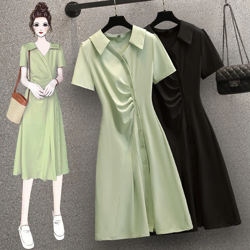 

COIGARSAM Women's Summer Dress 2022 New Casual Short Sleeve Pleated Turn-down Collar Dresses Dropshipping