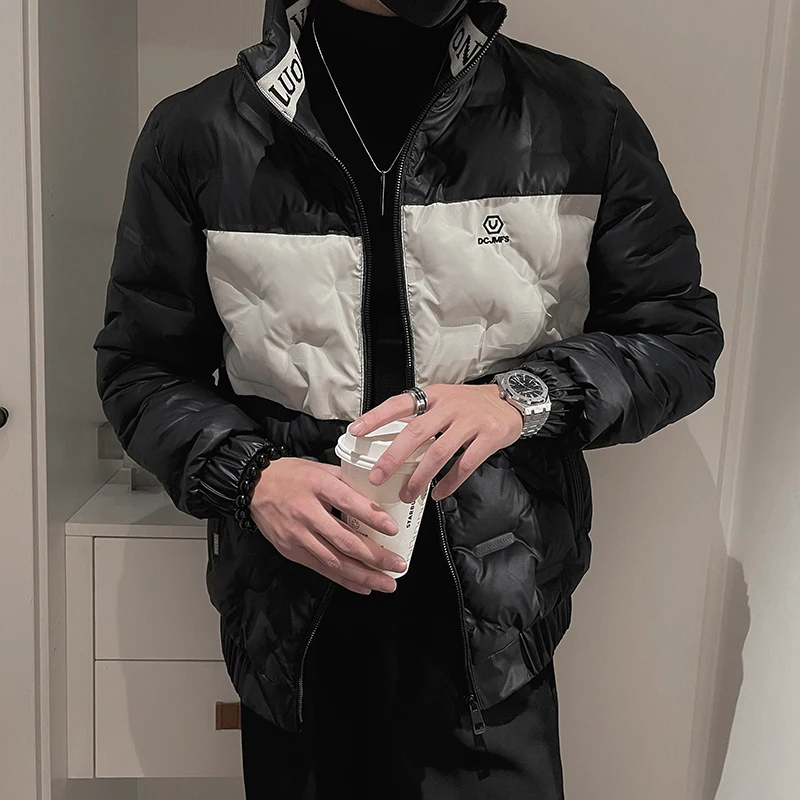 2022 Winter Contrast Stitching Puffer Parkas Men Thicken Warm Stand Collar Jacket Korean Hiphop Overcoat Streetwear Men Clothing
