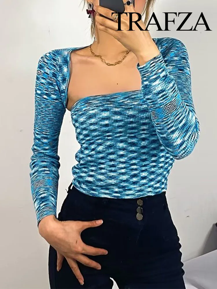 

TRAFZA Spring Autumn Elegant Woman Vintage Long-sleeved Irregular Pattern Two-piece Knitted Strapless Cardigan Women's Crop Top