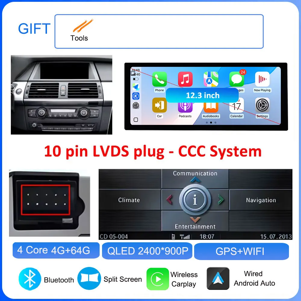 

12,3 "для BMW X5 E70 X6 E71 2008 2009 2010-2013 CCC/CIC Android 14 System 4G BT Carplay Автомобильный радиоприемник Видеоплеер GPS Navi WiFi