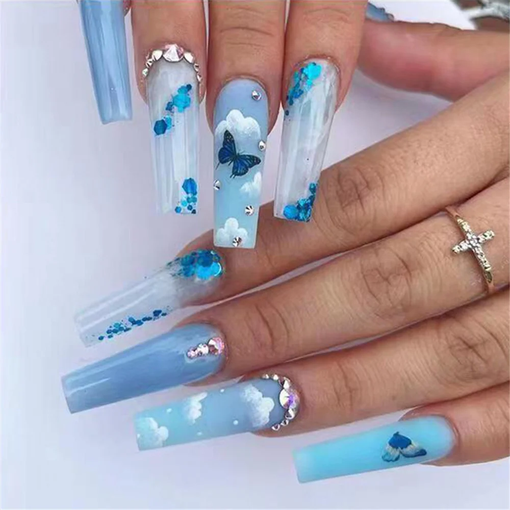 

Blue Long Ballerina Fake Nails Set Press On Nails French Butterfly False Nails Tips With Designs Shiny Rhinestone Coffin
