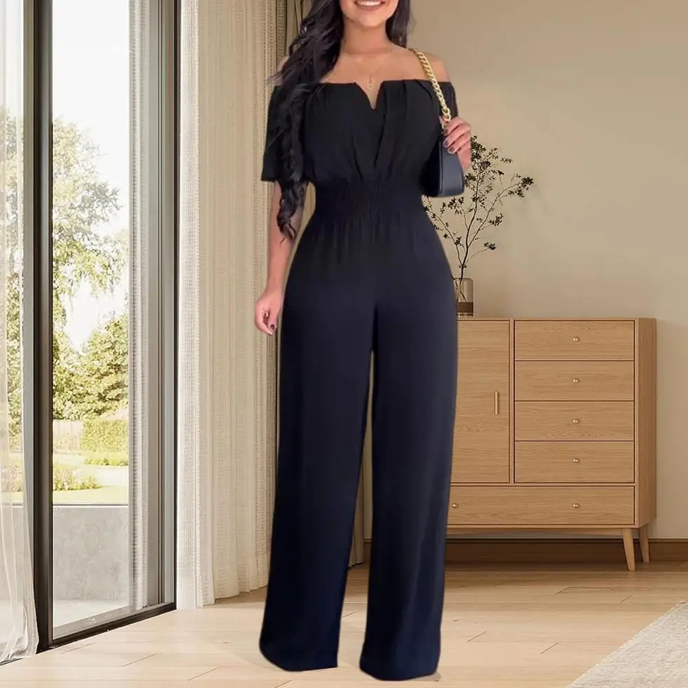 

Women Jumpsuit V-neck Short Sleeve Office Jumpsuit Off Shoulder Wide Leg Summer Jumpsuit Elastic Waistband High Waist Jumpsuit