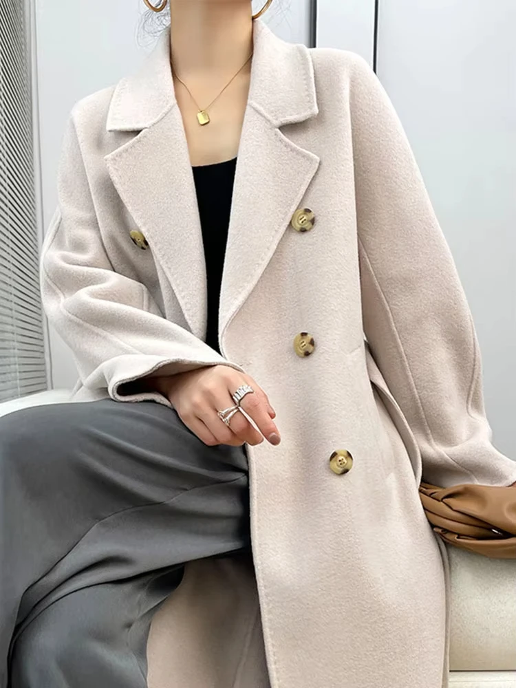Модное женское пальто из 90% шерсти с лацканами свободное двубортное длинными