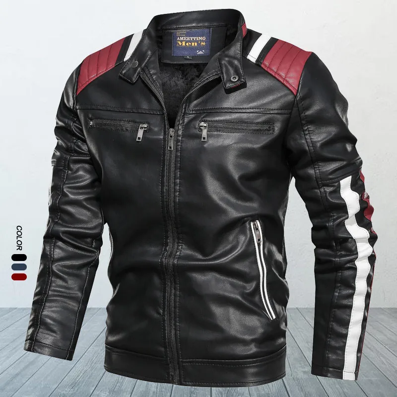 

New Men's Leather Jacket Coat Male 6XL Matching Stand Collar Streetwear PU Leather Causal Bike Jacket Men Brand Clothing AF9016