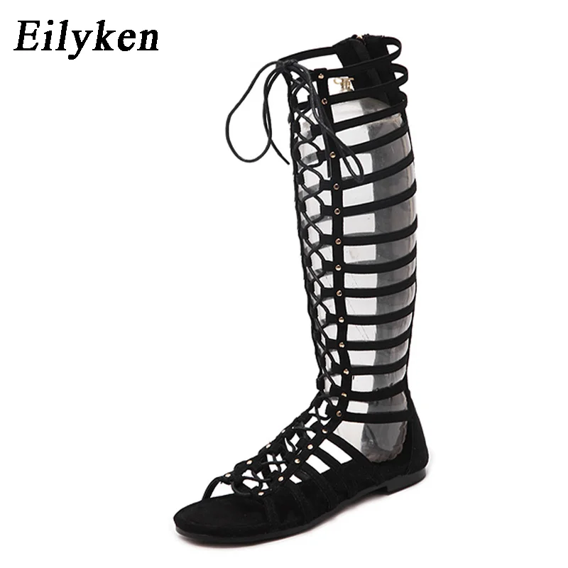 

Eilyke High Quality Soft Leather Women Sandals Strappy Open toe Knee Summer Gladiator Flat Sandals Roman Bandage Casual Boots