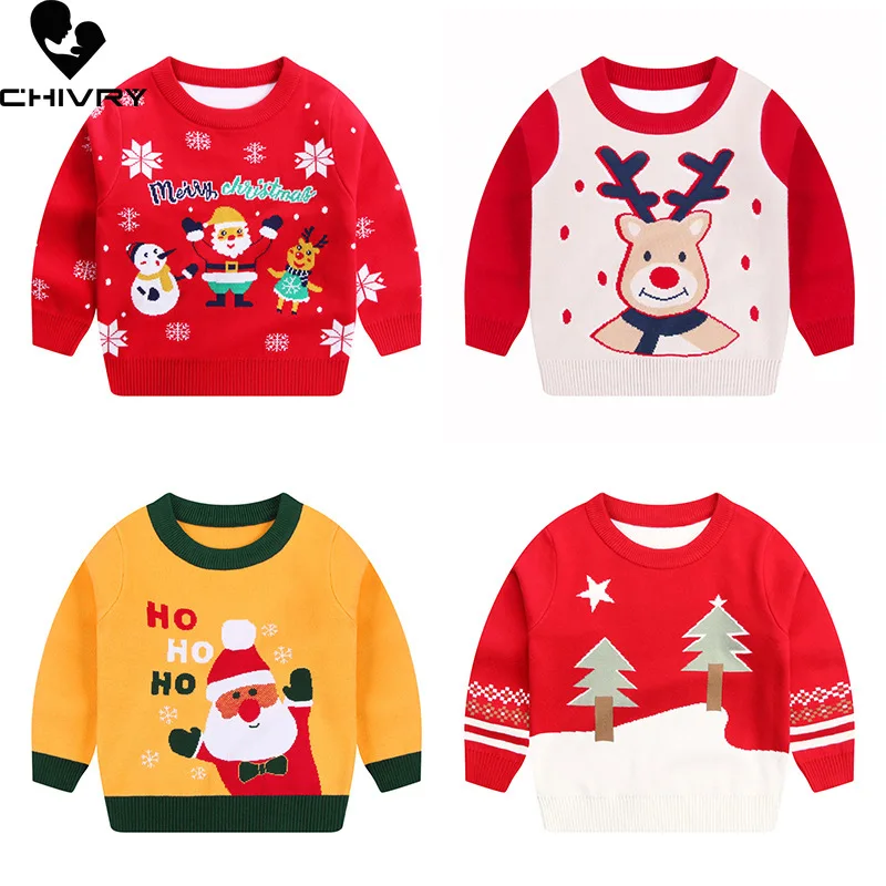 

Autumn Winter Kids Pullover Sweater Baby Boys Girl Cartoon Christmas Jacquard Thick O-neck Knit Sweaters Tops Children Clothing