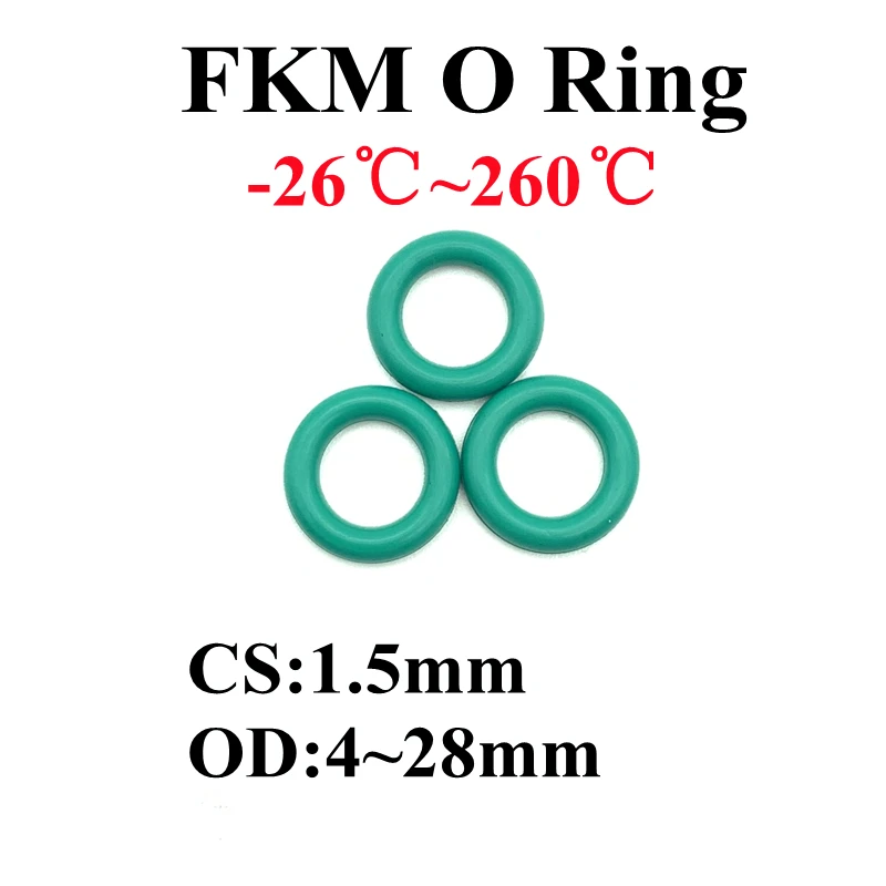 

50Pcs FKM Fluorine Rubber O Ring Sealing Gaskets Thickness CS 1.5mm OD 4 ~ 28mm Insulation Oil High Temperature Resistance Green