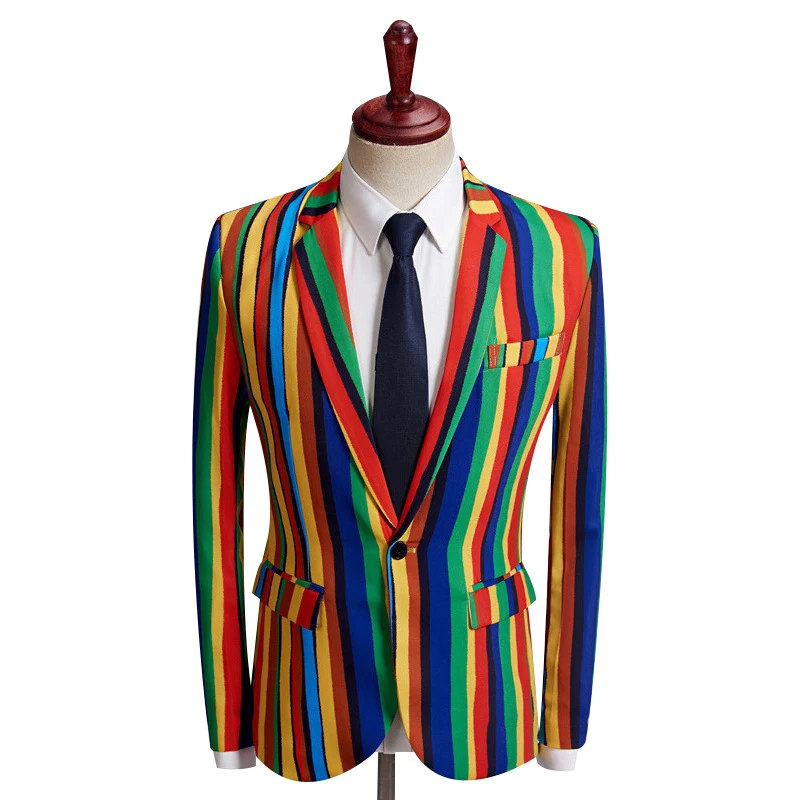 

Mens Colorful Stripe Printed Blazer Design Stylish Casual Male Slim Fit Suit Jacket Singer Party DJ Nightclub Outfit Blazer Coat
