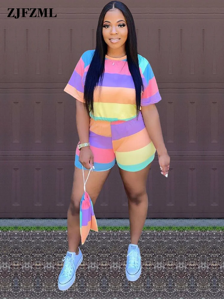 

Rainbow Striped Print Two Piece Club Outfits Sweatsuit for Women Short Sleeve O-neck T-shirt and Biker Short Female Tracksuit