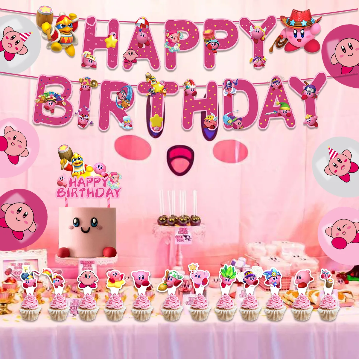 

Cute Pink Kirbing Miniature Food Play Themed Birthday Party Decorated Cake Insert Banner Balloon Baby Shower Kid Boy Girl Gift