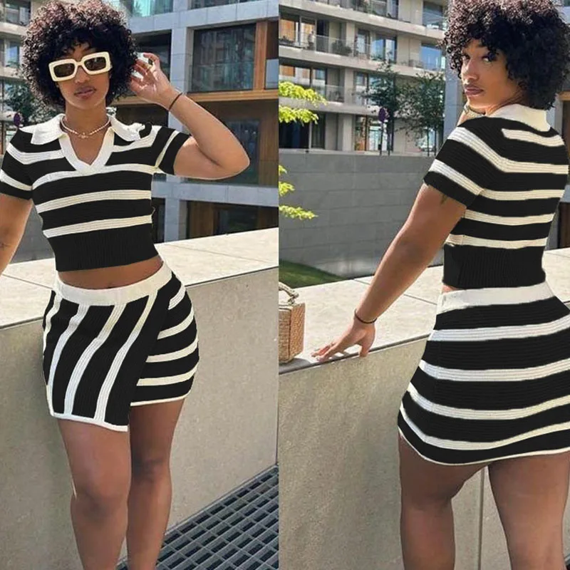 Вязаная полосатая юбка женский наряд весна-лето 2024 укороченный топ с короткими
