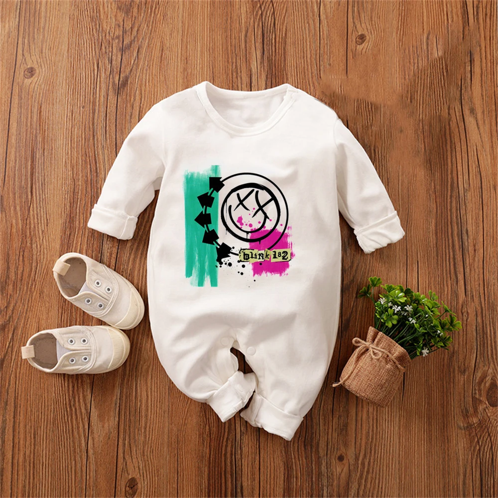 

Boys&Girls Print Blink 182 Rock Band Smiley Face Funny Baby Clothes Baby One-Piece Clothes For Little Girls Cotton Crawling Are