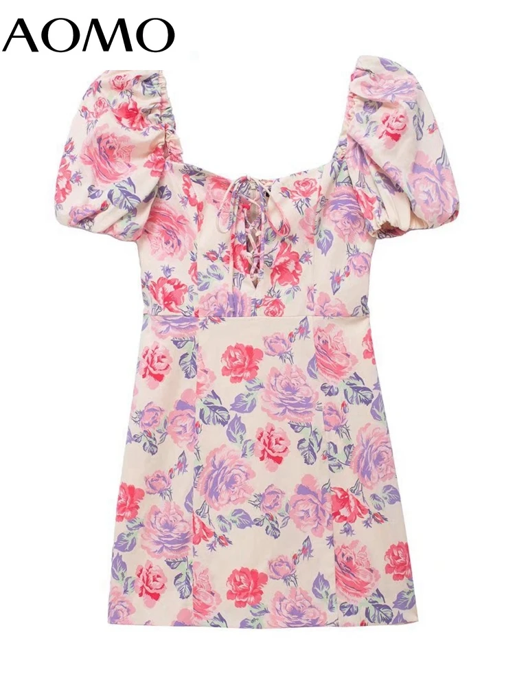 

Женское мини-платье с цветочным принтом, коротким рукавом и буффами