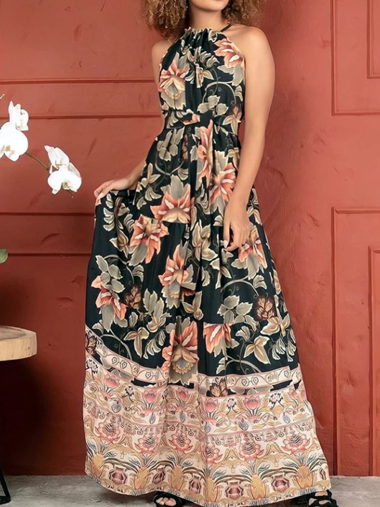

Boho Holiday Party Long Dress Floral Printing Ladies Loose Dress Lace High Waist Dress Elegant Women O Neck Summer Maxi Dress
