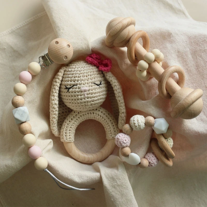 

3 шт./компл. детский деревянный браслет, вязаный крючком кролик, музыкальная кровать, колокольчик, игрушка для прорезывания для
