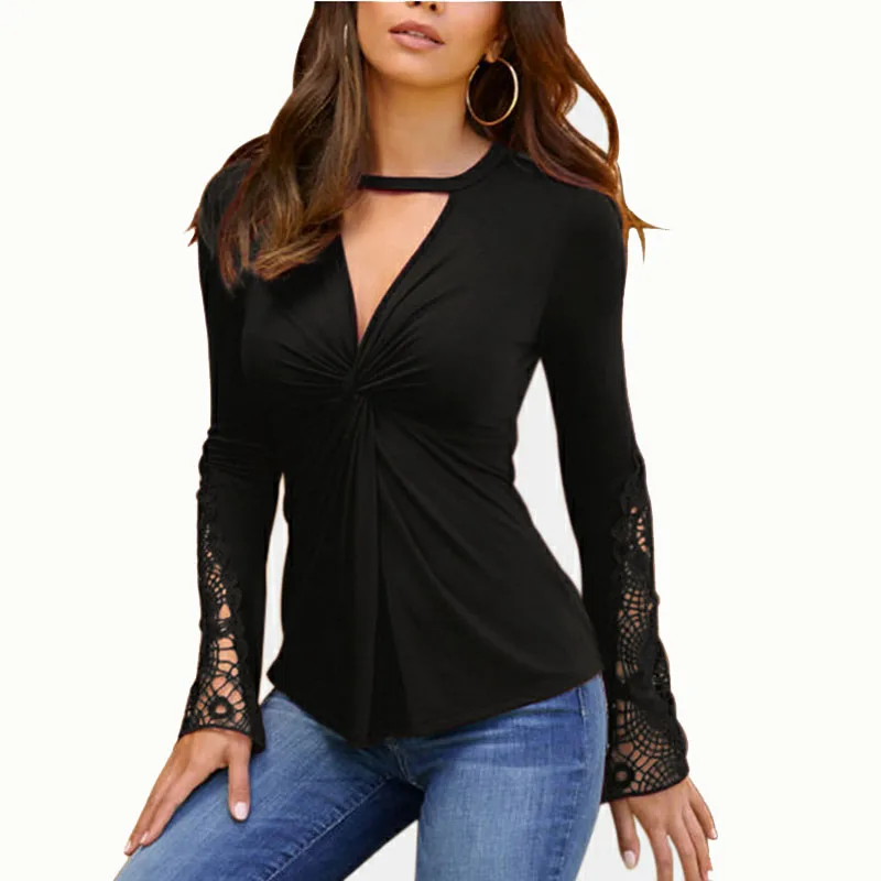 

Top Fashion Women's Deep U Lace Personalized Stitching Long-Sleeved Bottoming Shirt